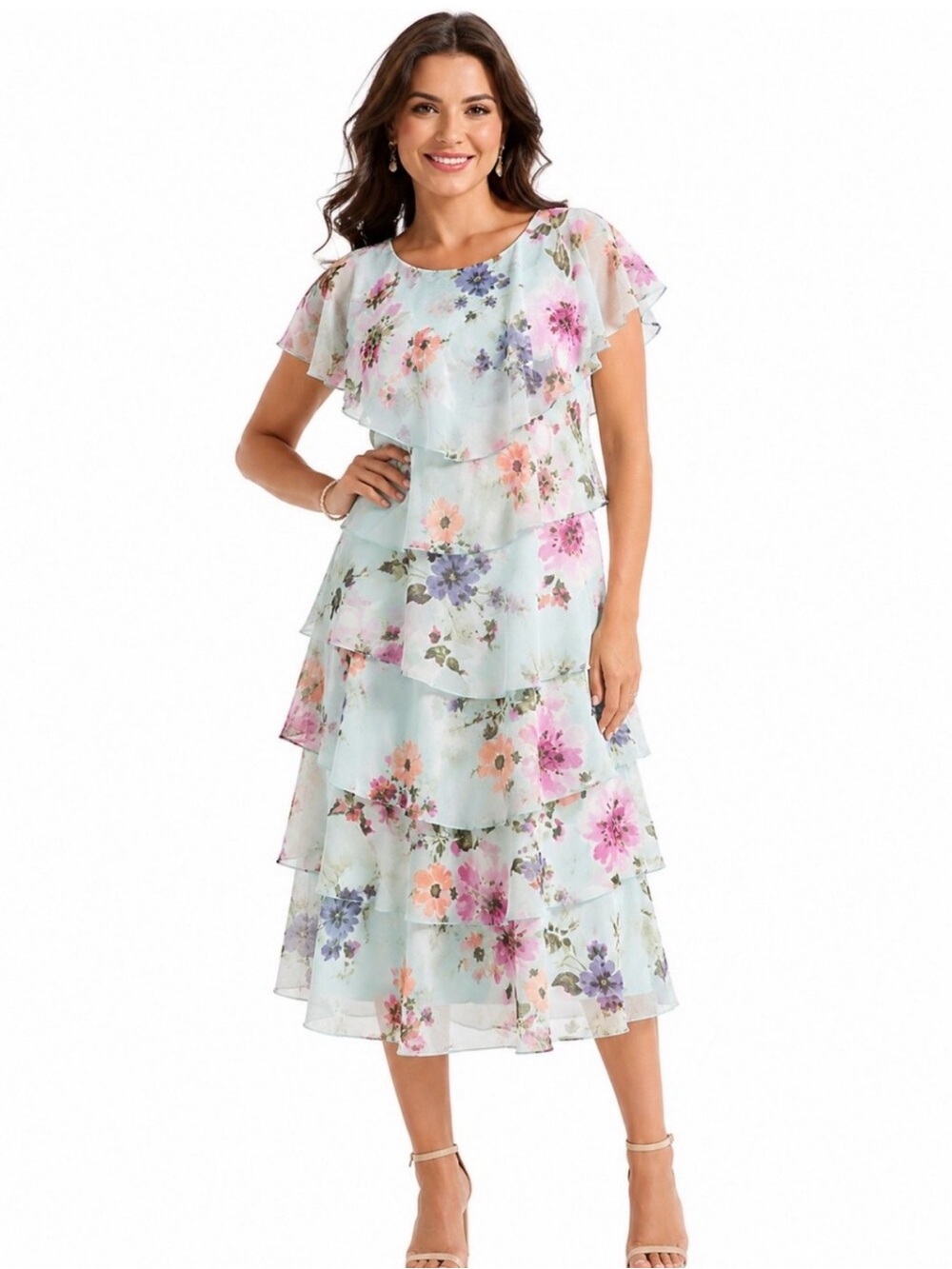 NWT SLNY Women’s Size 10 Floral Tiered Ruffle Midi Dress in Pastel Mint